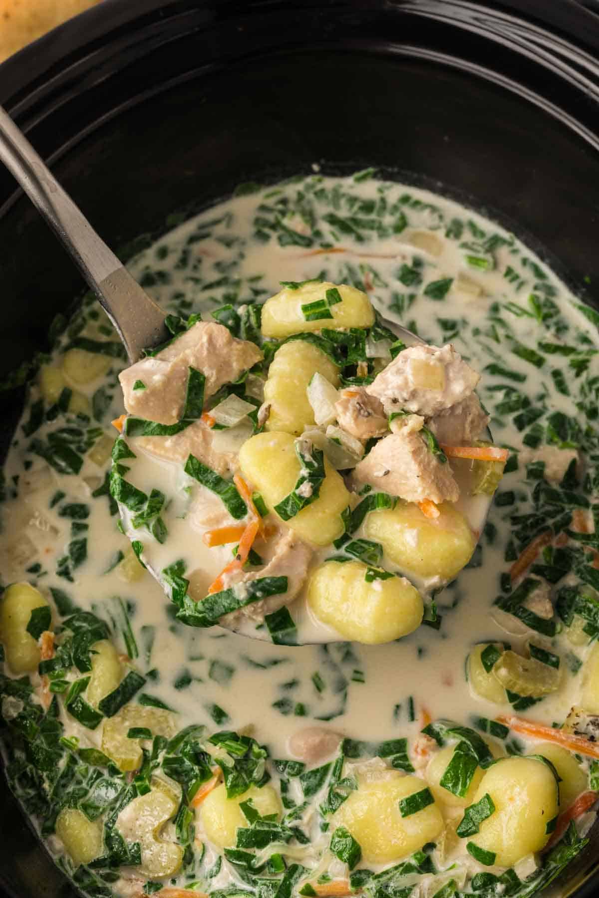 Close up image of Chicken Gnocchi in crock pot with a serving on a ladle