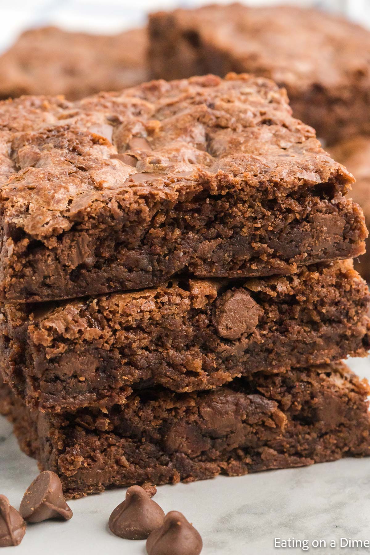 Chocolate Chip Brownies cut into squares stacked