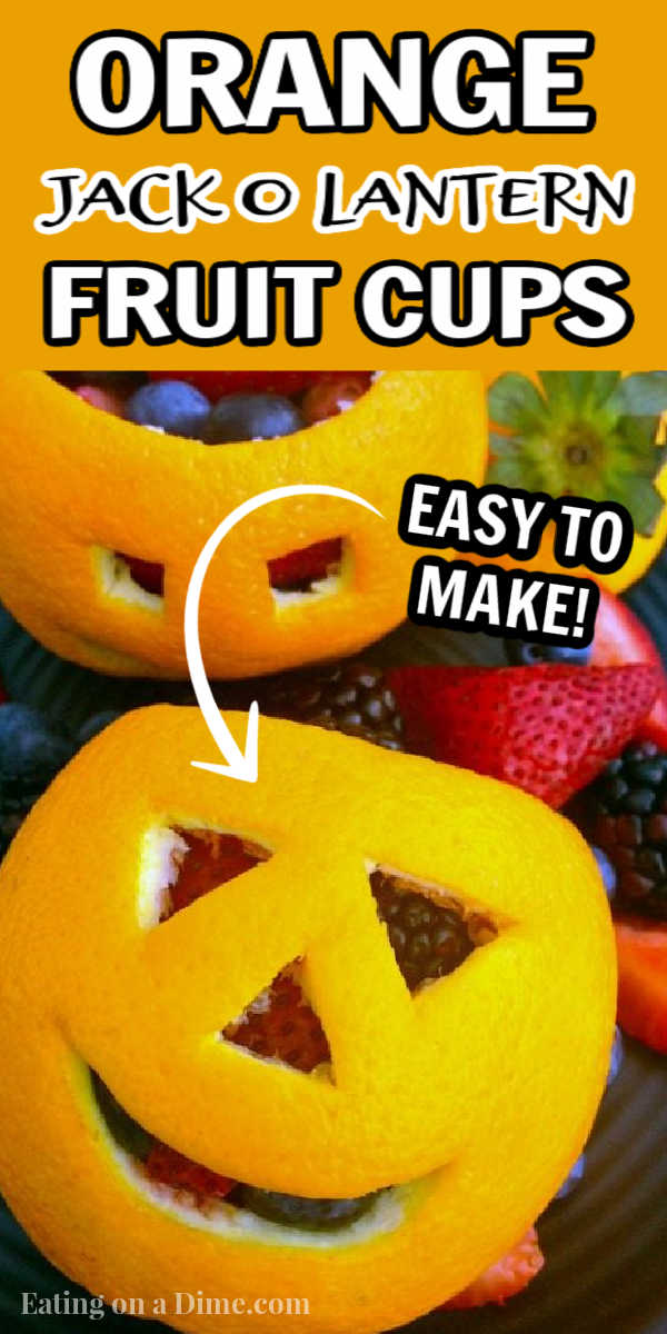 These Orange Jack O Lantern fruit cups are an easy and healthy treats for Halloween. These DIY Jack O Lantern Oranges are fun for kids at a Halloween party! Make fun faces on these Jack O Lantern fruit cups. These Halloween fruit cups are one of my favorite healthy snack ideas! #eatingonadime #fruitcups #halloweendesserts #halloweendesserts #jackolanternideas 
