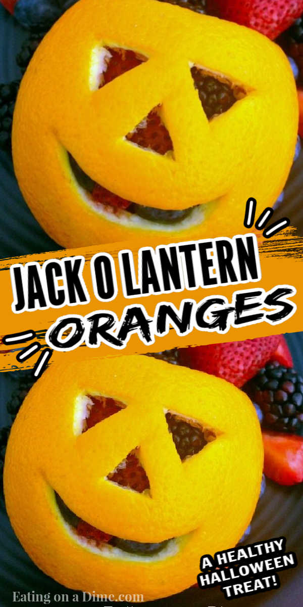 These Orange Jack O Lantern fruit cups are an easy and healthy treats for Halloween. These DIY Jack O Lantern Oranges are fun for kids at a Halloween party! Make fun faces on these Jack O Lantern fruit cups. These Halloween fruit cups are one of my favorite healthy snack ideas! #eatingonadime #fruitcups #halloweendesserts #halloweendesserts #jackolanternideas 