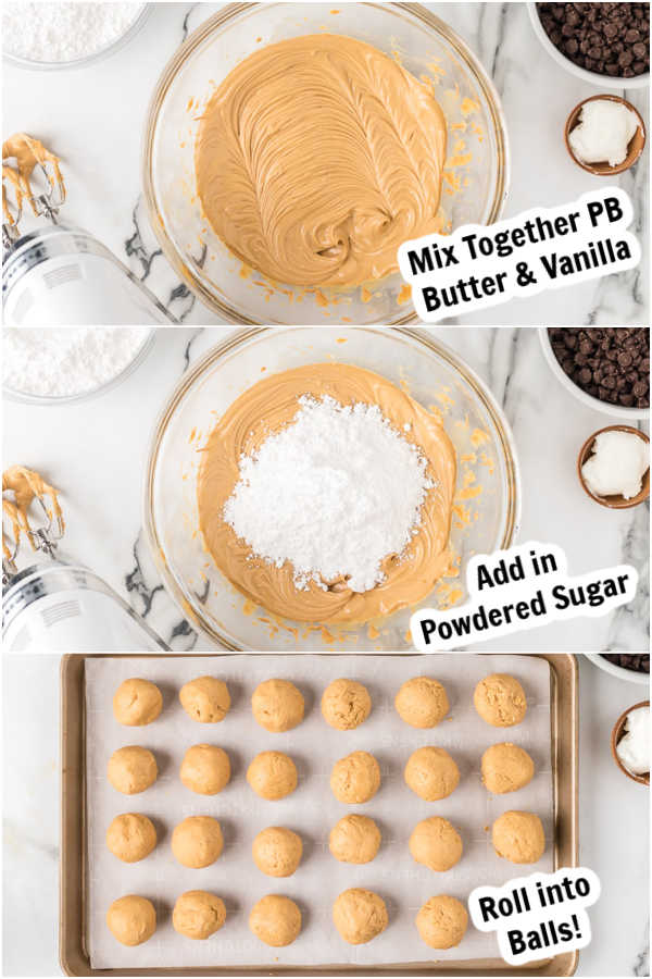 Photos showing how to make the peanut butter balls. 