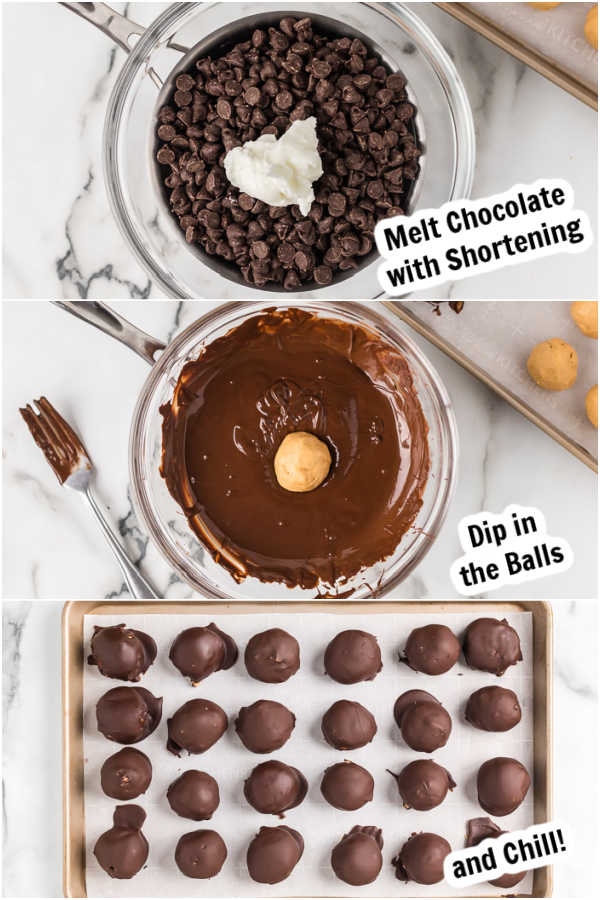 Photos showing how to make the chocolate coating. 