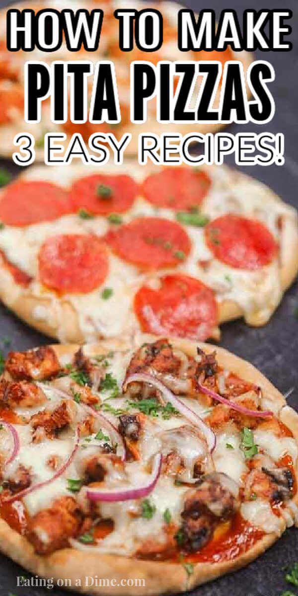 Enjoy this healthy Pita pizza recipe in minutes with the toppings of your choice. Skip takeout and make pita bread pizza for a quick and easy frugal dinner. Enjoy homemade mini pizza in the oven in minutes. The ideas are endless for pita pizza recipes and include buffalo chicken, BBQ Chicken and more. Kids love flatbread and pita pizza recipes. #eatingonadime #pitapizza #RecipesKids #healthycleaneating #lowcalorie 