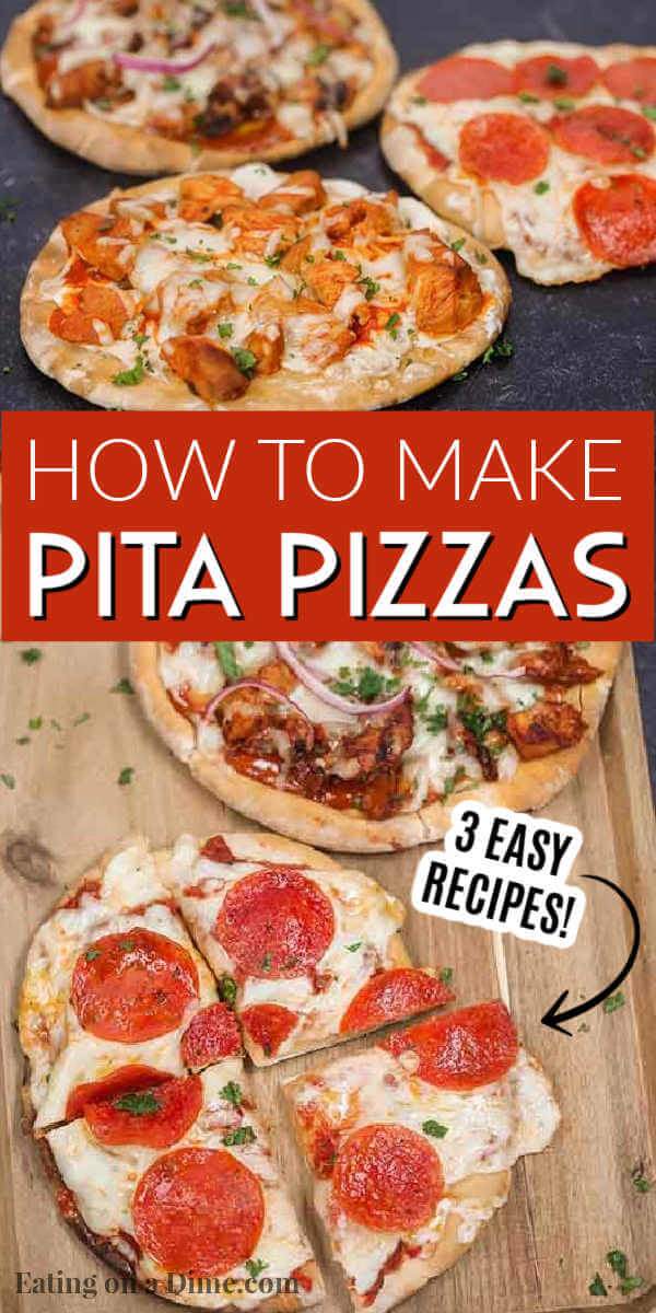 Enjoy this healthy Pita pizza recipe in minutes with the toppings of your choice. Skip takeout and make pita bread pizza for a quick and easy frugal dinner. Enjoy homemade mini pizza in the oven in minutes. The ideas are endless for pita pizza recipes and include buffalo chicken, BBQ Chicken and more. Kids love flatbread and pita pizza recipes. #eatingonadime #pitapizza #RecipesKids #healthycleaneating #lowcalorie 