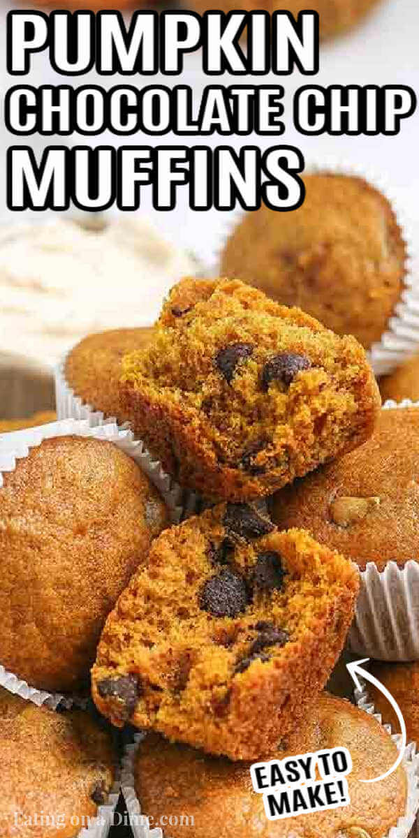 Make this easy and delicious recipe for Pumpkin chocolate chip muffins. Each bite has tons of pumpkin flavor with chocolate for the best recipe that is so moist. Learn how to make chocolate chip pumpkin muffins from scratch. #eatingonadime #pumpkinmuffins #homemade #diy 