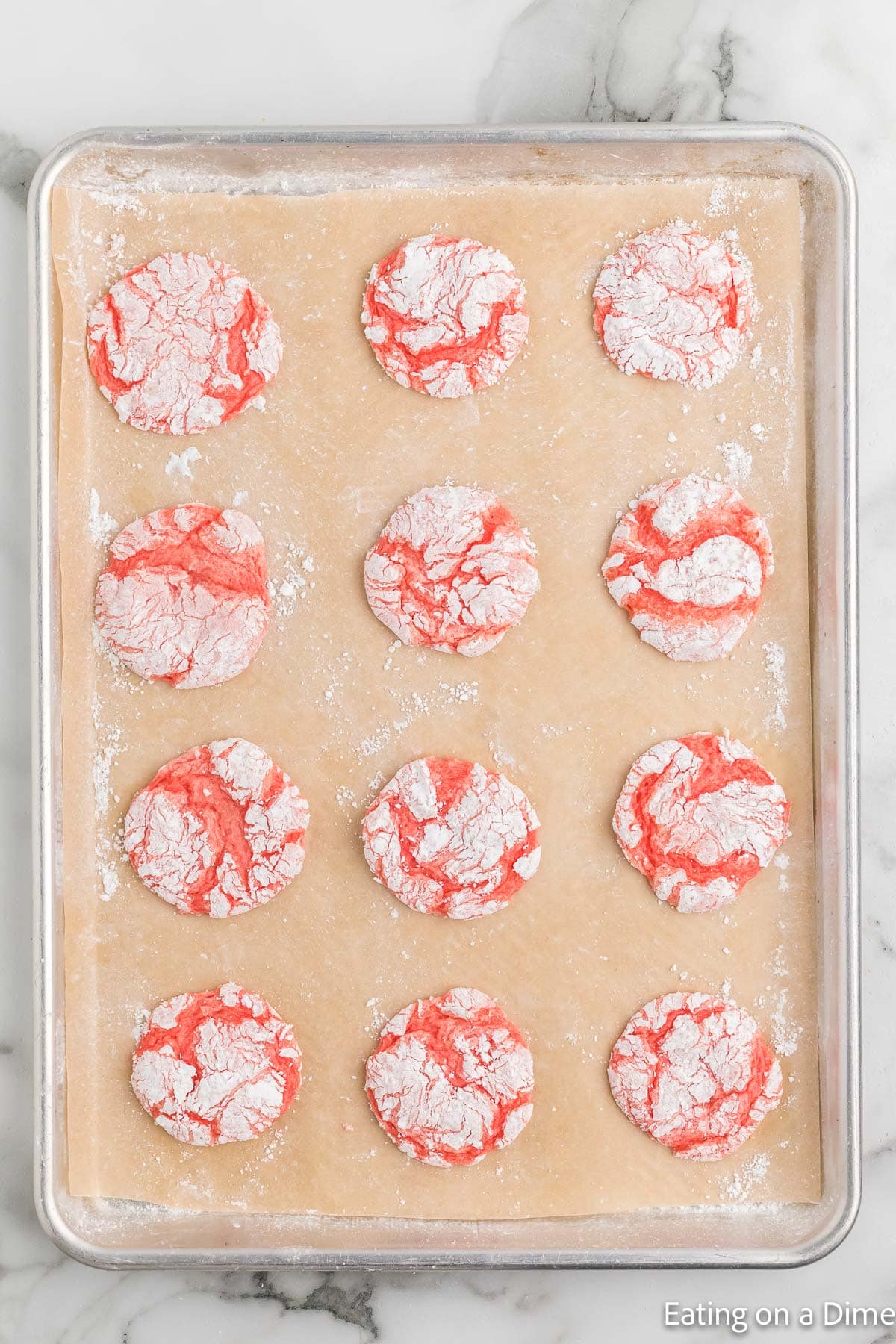 Baked Strawberry Cookies on a baking sheet