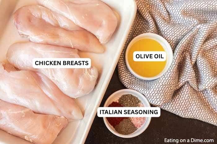 This easy baked chicken recipe has only a few ingredients and takes less than 30 minutes to bake in the oven. Learn how to bake chicken for an easy meal idea that is flavorful. Find out how to cook chicken for shredding, salads and more. How to bake chicken breast in oven. #eatingonadime #howtobakechicken #howtobakechickenintheoven #howtobakechickenintheovensimple #Intheovenhealthy #intheovenrecipes #intheovenjuicy #intheoveneasy Ingredients for recipe: chicken breasts, olive oil and Italian Seasoning.