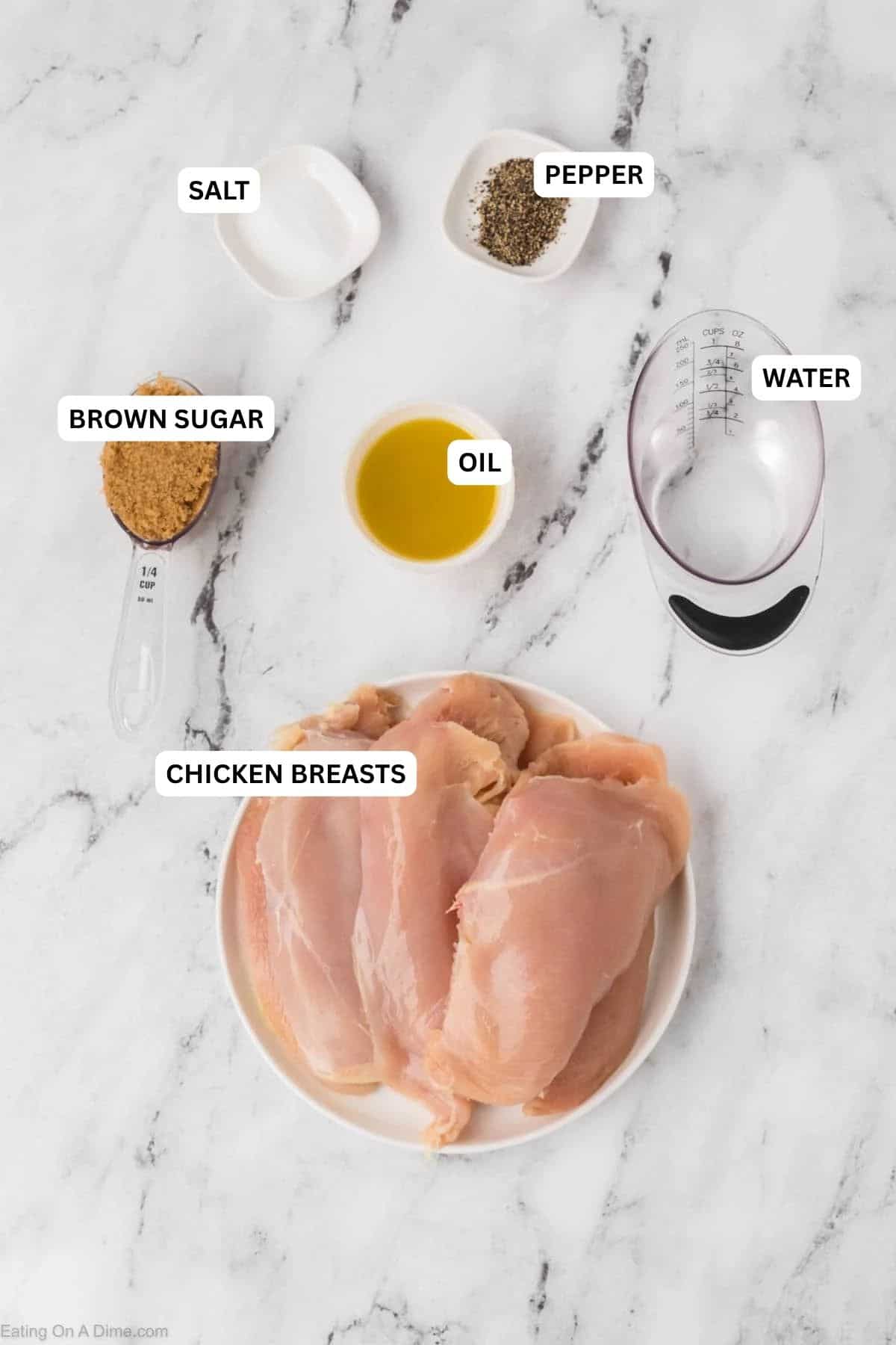 Ingredients for recipe: chicken breasts, water, oil, brown sugar, salt and pepper.