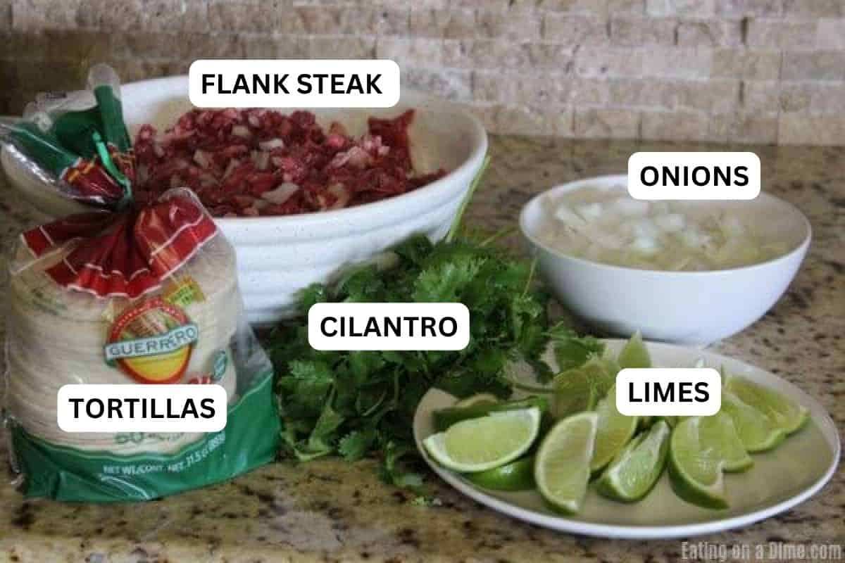 Try Carne Asada Street Tacos for a quick and tasty meal idea. Carne asada tacos are packed with flavor. Everyone will love this easy carne asada recipe. Ingredients for recipe - flank steak, onions, cilantro, limes, tortillas.