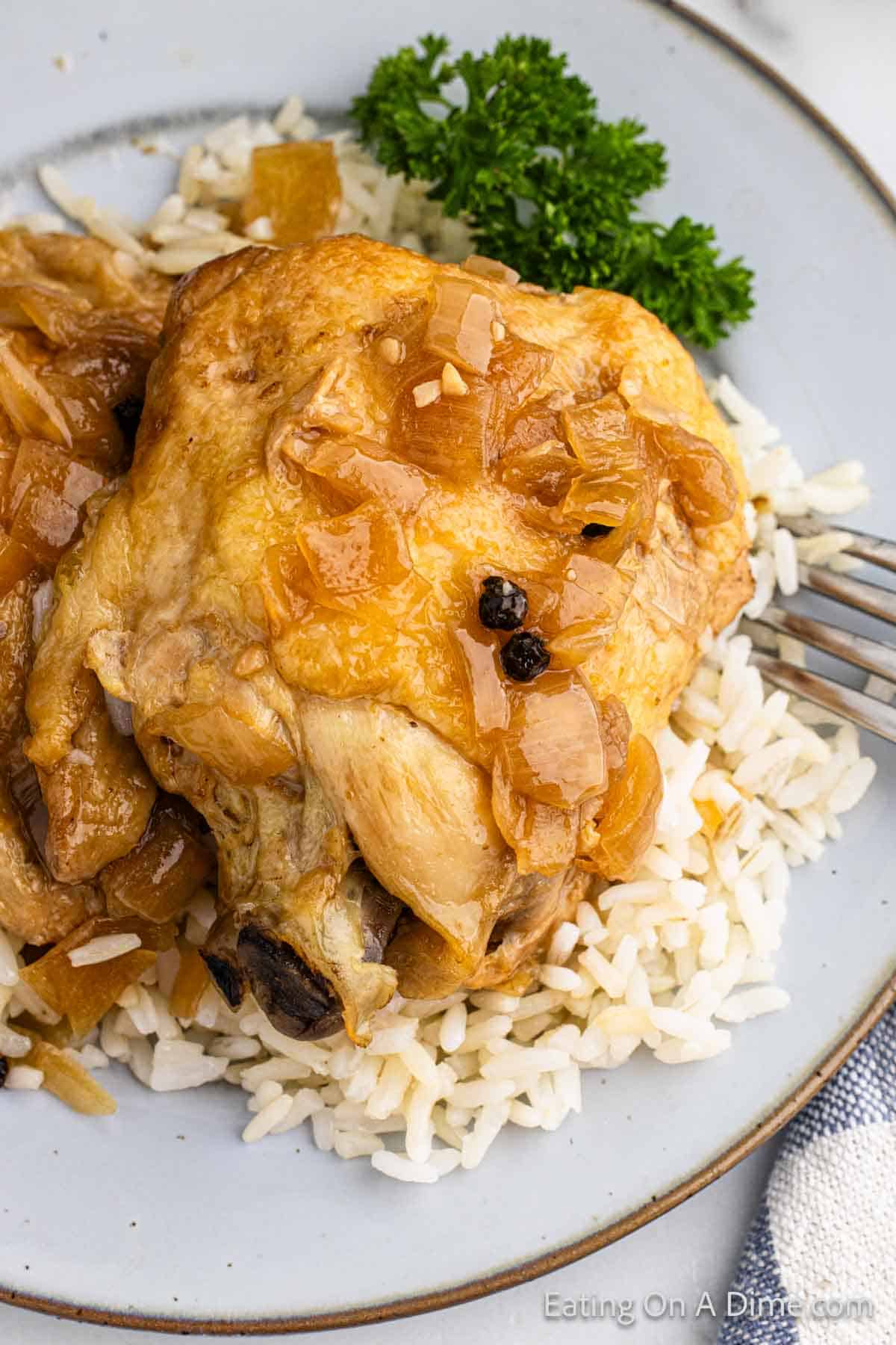 Chicken adobo on a plate with rice