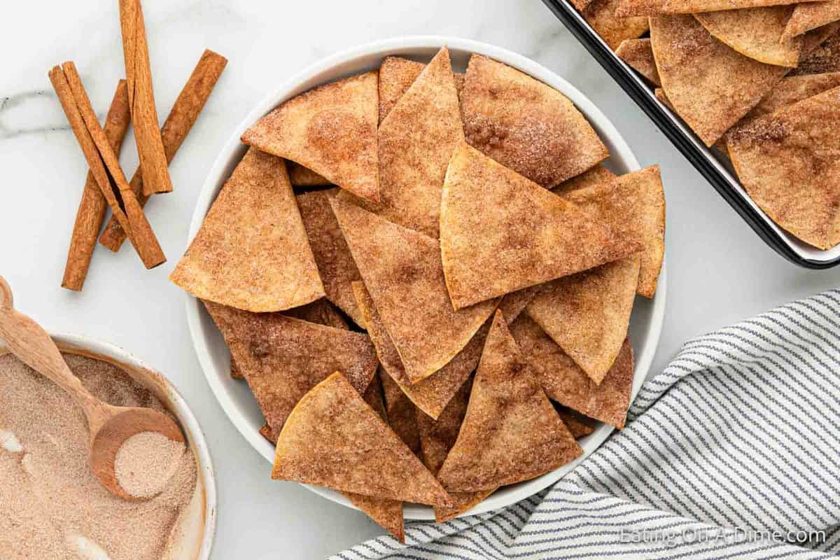 Cinnamon Tortilla Chips stacked on a plate