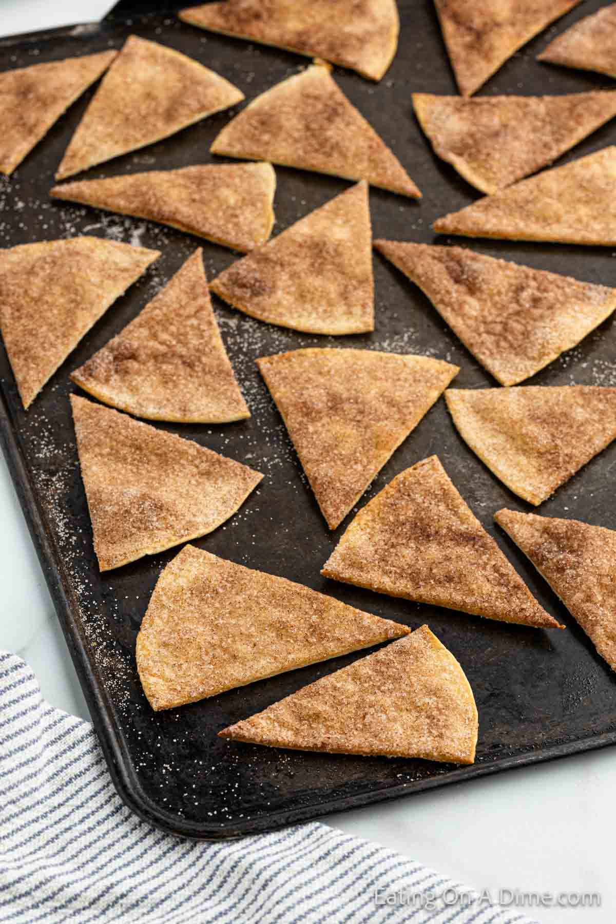 Cinnamon Tortilla Chips on a baking sheet