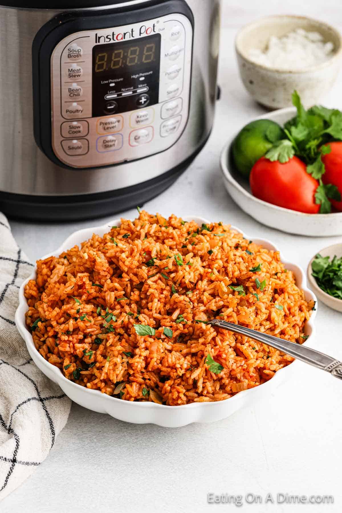 Spanish Rice in a bowl with an instant pot and a bowl of tomatoes in the background