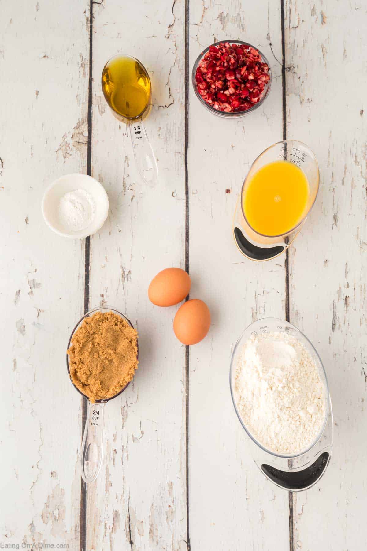 Ingredients - Flour, brown sugar, baking powder, eggs, orange juice, oil, cranberries