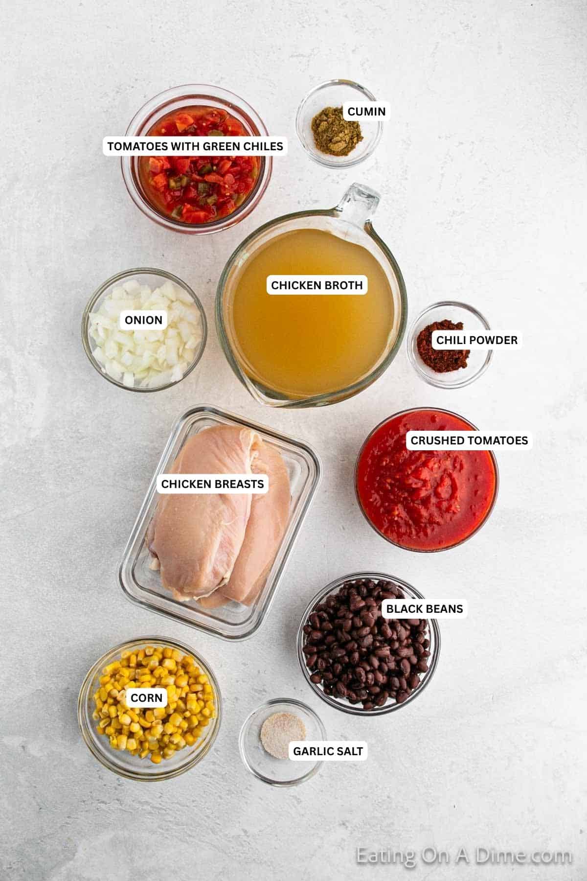 Ingredients for recipe: cumin, tomatoes with green chiles, onion, chicken broth, chili powder, chicken breasts, crushed tomatoes, black beans, corn and garlic salt.