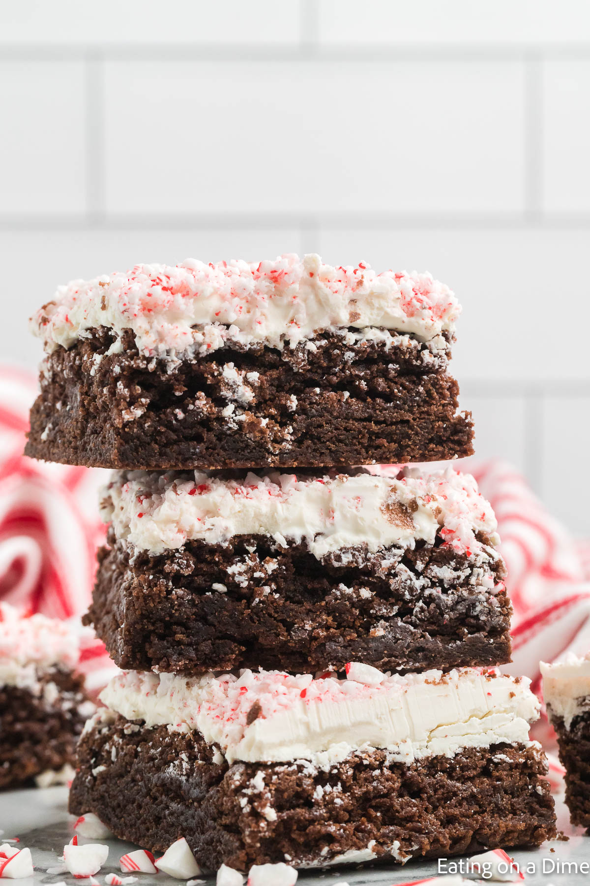 White Chocolate Peppermint Brownies stacked