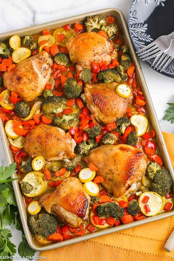 Make this easy sheet pan chicken thigh dinner for the best meal with little cleanup and only one pan. Everything you need for dinner is on the baking sheet. Enjoy bone in thighs and vegetables for a quick and easy meal. Learn how to make sheet pan chicken thighs and veggies. Try sheet pan chicken thighs and vegetables for a simple and delicious dinner. #eatingonadime #sheetpanchickethighs #recipes #sheetpanchickenthighsbonein #andveggies #andbroccoli 