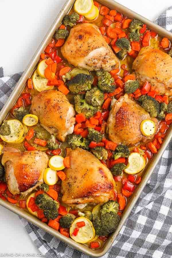 Make this easy sheet pan chicken thigh dinner for the best meal with little cleanup and only one pan. Everything you need for dinner is on the baking sheet. Enjoy bone in thighs and vegetables for a quick and easy meal. Learn how to make sheet pan chicken thighs and veggies. Try sheet pan chicken thighs and vegetables for a simple and delicious dinner. #eatingonadime #sheetpanchickethighs #recipes #sheetpanchickenthighsbonein #andveggies #andbroccoli 