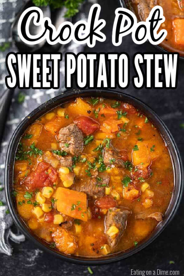 Warm up with this easy Crock Pot Sweet Potato Beef Stew Recipe. Hearty stew meat, sweet potatoes and more blend together for a tasty and simple crock pot meal. Slow cooker sweet potato stew is the best comfort food. If you are looking for an easy and frugal meal, try Crock Pot Sweet Potato Stew. #eatingonadime #crockpotsweetpotatobeefstew #HealthyRecipes #crockpot #sweetpotatostew #SlowCookerBeefand #Crockpotbeefand #SweetPotatoBeefStew