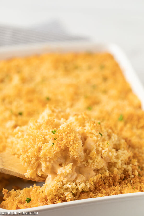 Close up image of Baked Mac and cheese in a pan with a serving on a wooden spoon. 