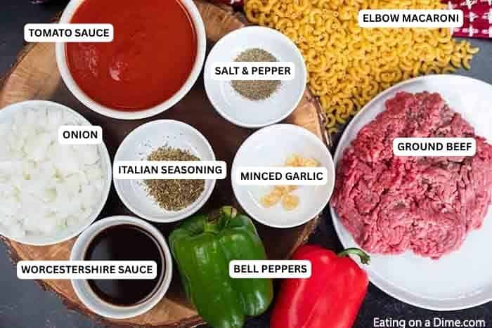 Skillet macaroni and beef recipe has everything you need for a great dinner. Try this budget friendly meal that is ready in minutes! Ingredients for recipe: tomato sauce, elbow macaroni, salt, pepper, onion, Italian seasoning, minced garlic, ground beef, Worcestershire sauce and bell peppers.