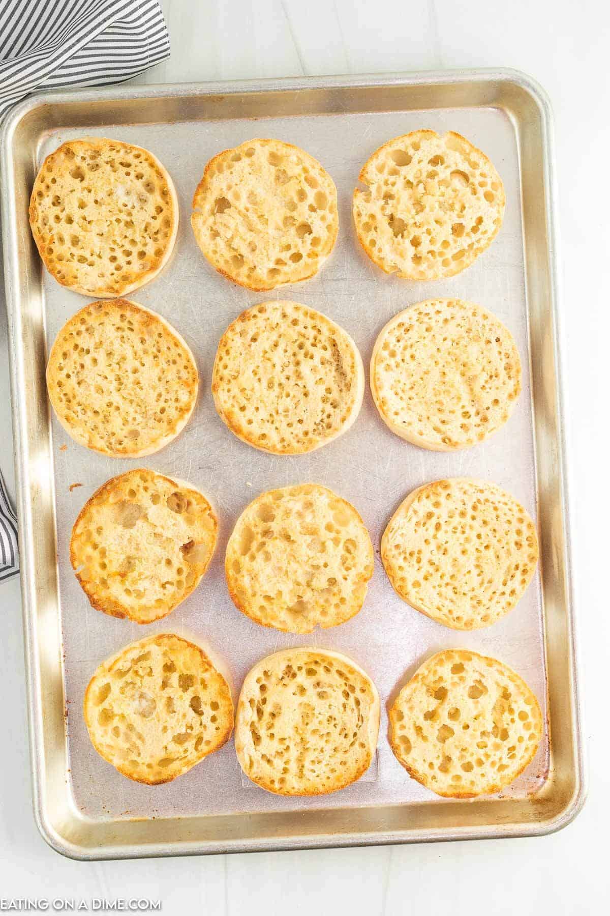 Toasted English Muffins on a baking sheet