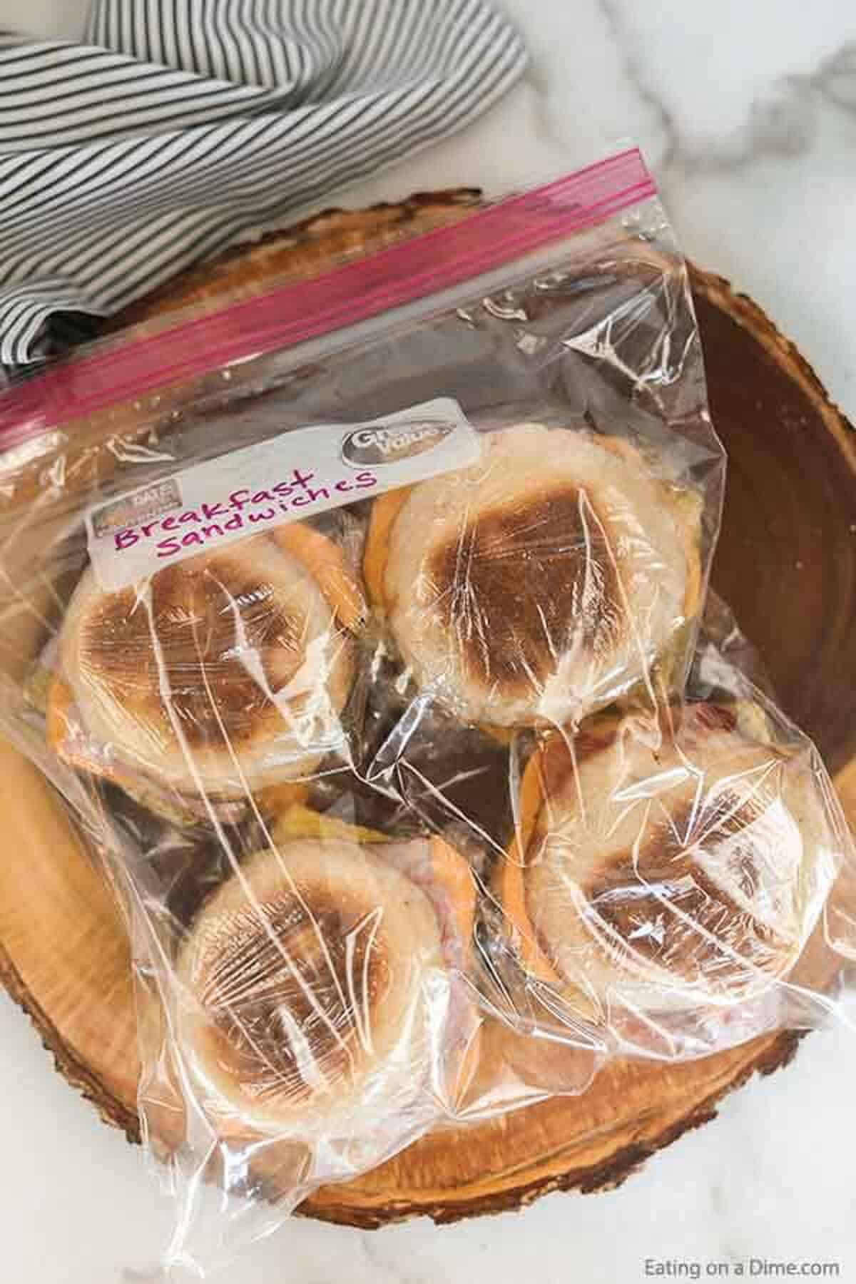 Breakfast Sandwiches placed in a ziplock freezer bag