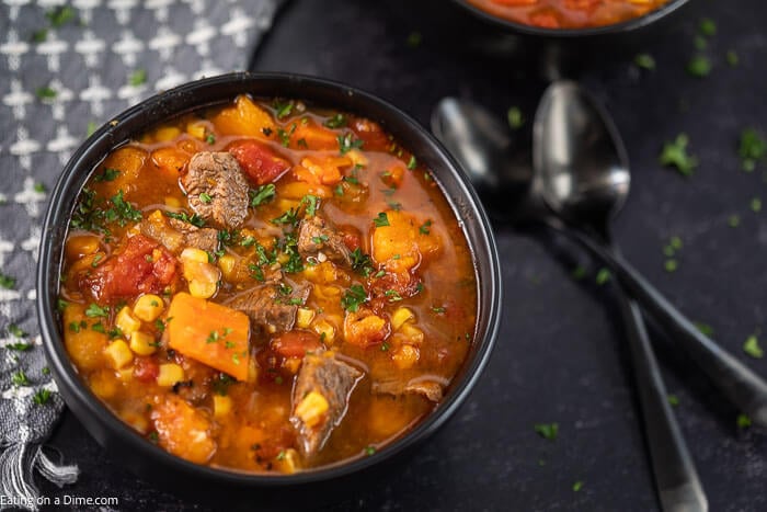 Warm up with this easy Crock Pot Sweet Potato Beef Stew Recipe. Hearty stew meat, sweet potatoes and more blend together for a tasty and simple crock pot meal. Slow cooker sweet potato stew is the best comfort food. If you are looking for an easy and frugal meal, try Crock Pot Sweet Potato Stew. #eatingonadime #crockpotsweetpotatobeefstew #HealthyRecipes #crockpot #sweetpotatostew #SlowCookerBeefand #Crockpotbeefand #SweetPotatoBeefStew