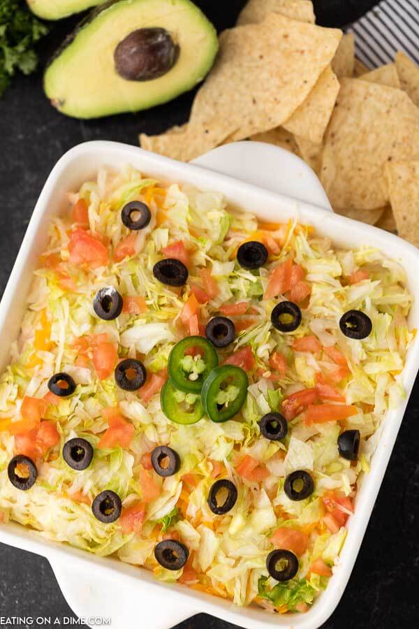 Close up image of Taco Dip in a 8x8 white pan.