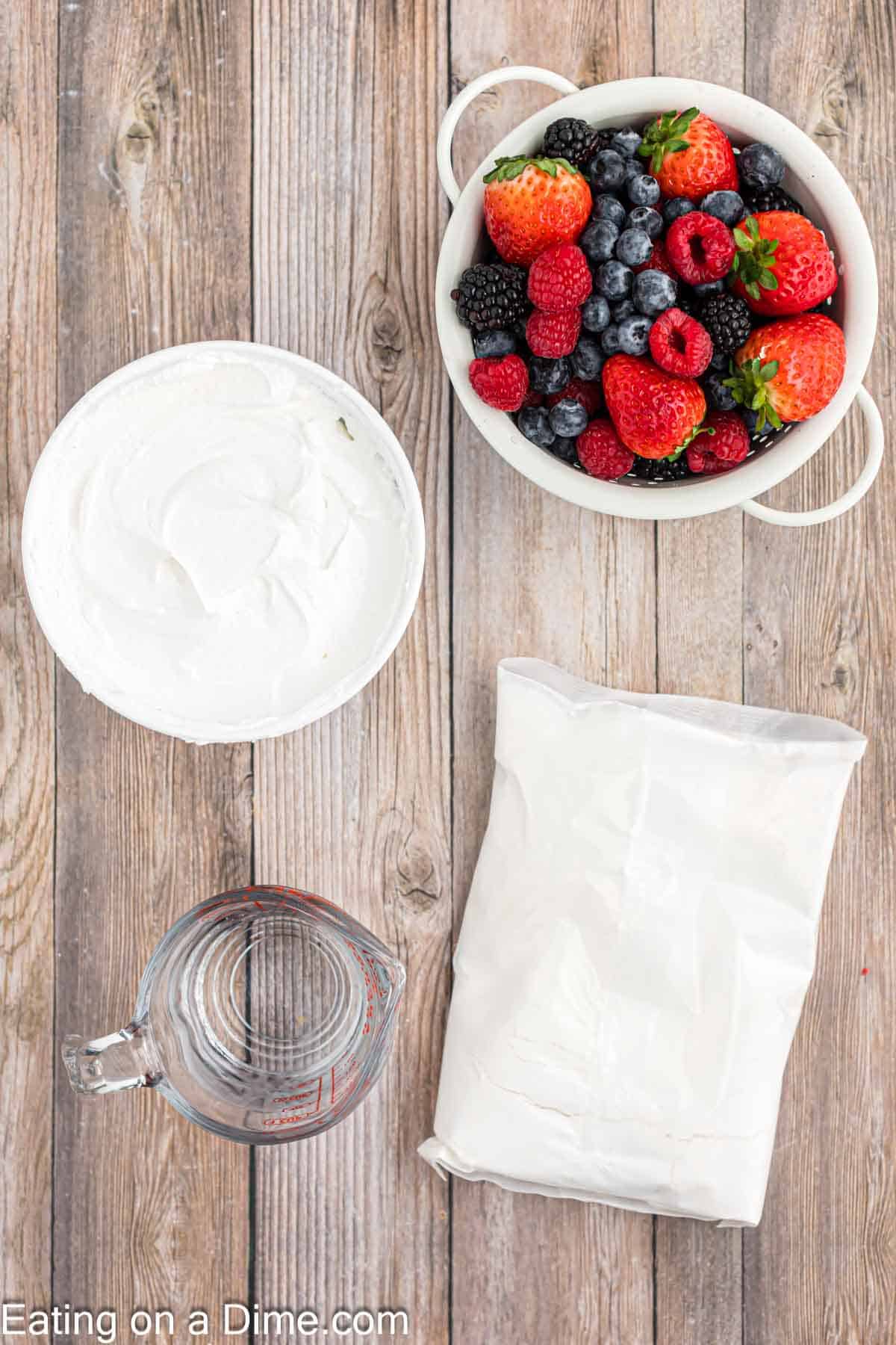 Angel Food Cupcakes Ingredients - angel food cake mix, water, cool whip, fresh strawberries