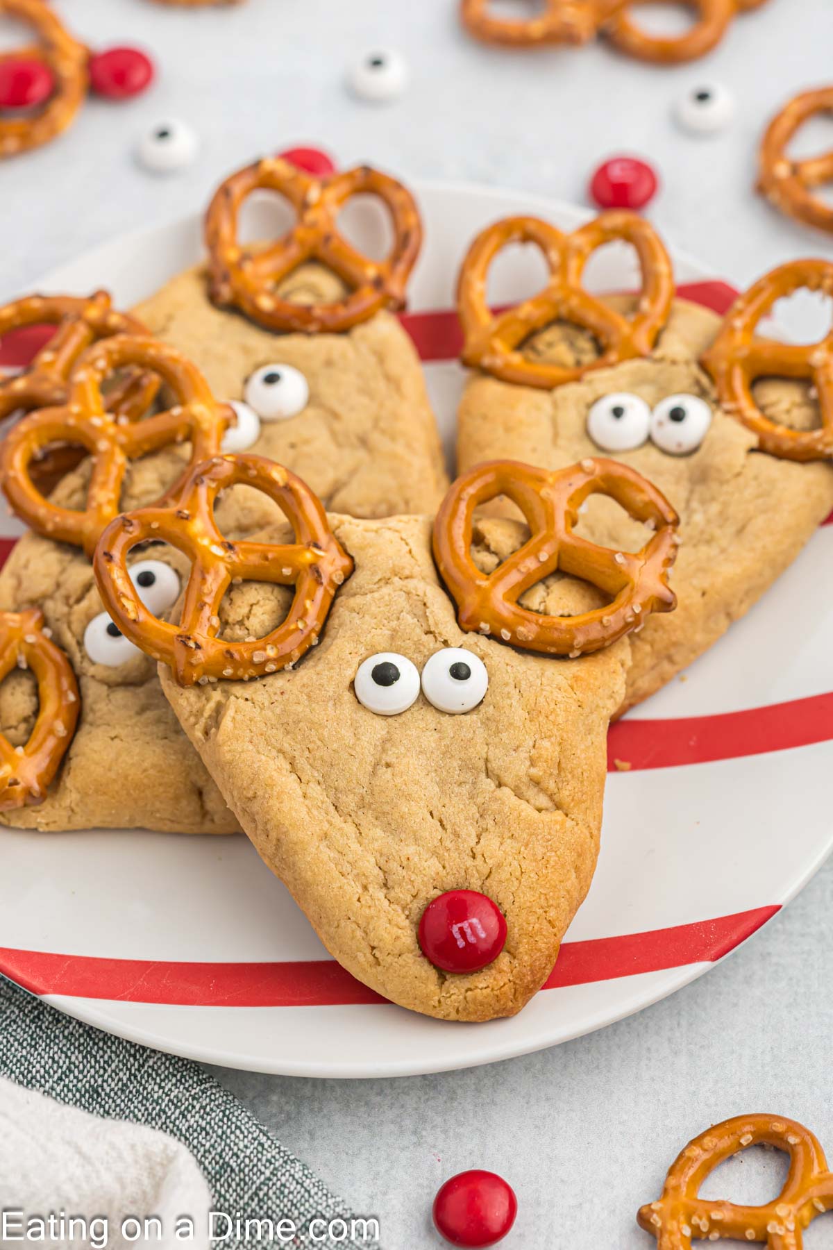 reindeer cookies stacked on a serving platter