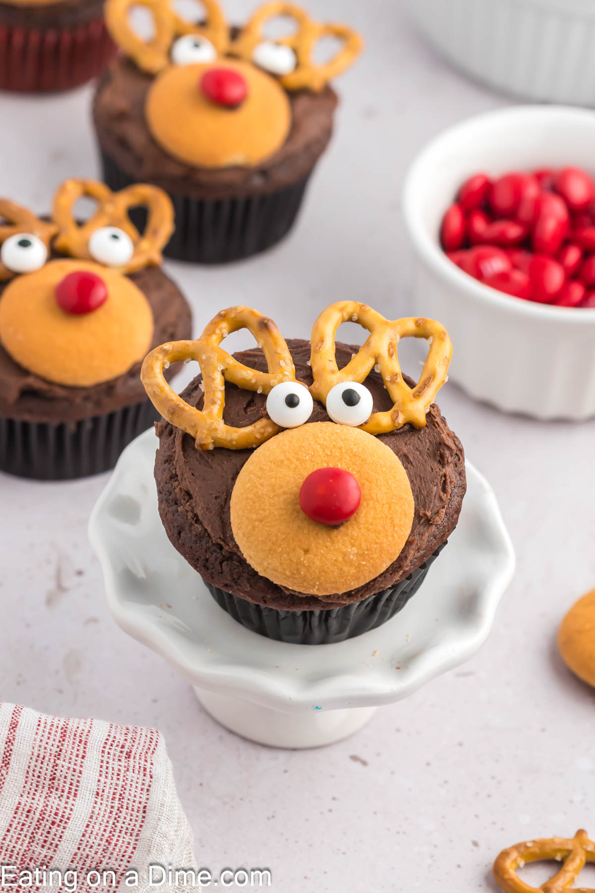 Reindeer Cupcakes on a cake stand