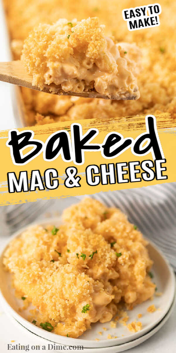 This easy Baked mac and cheese recipe is so creamy and cheesy. The delicious bread crumb topping makes this Southern mac and cheese casserole amazing! Learn how to make the best home made creamy mac and cheese recipe with cream cheese and with bread crumbs. #eatingonadime #bakedmacandcheese #recipeeasyovens #RecipeCreamy #noeggs #EasyHomemade #comfortfoods #Thanksgiving #BestOven #heavycream #oven #homemade #simple 
