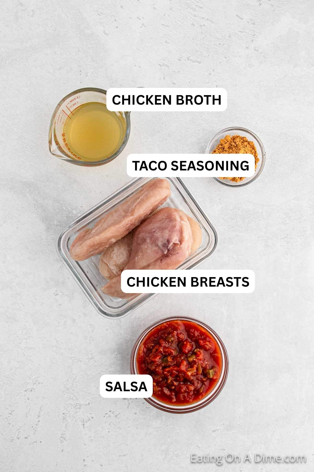 Ingredients needed for this recipe - Chicken breast, salsa, taco seasoning, chicken broth.