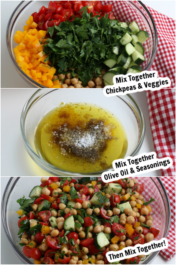 Chick pea salad is bursting with so many fresh ingredients and an easy lemon dressing. Try this for a quick protein packed lunch or dinner. The cucumber tomato combination is delicious with chick peas and the dressing is so simple. #eatingonadime #chickpeasalad #healthy #recipes #MiddleEastern #mealprep #best #cold 