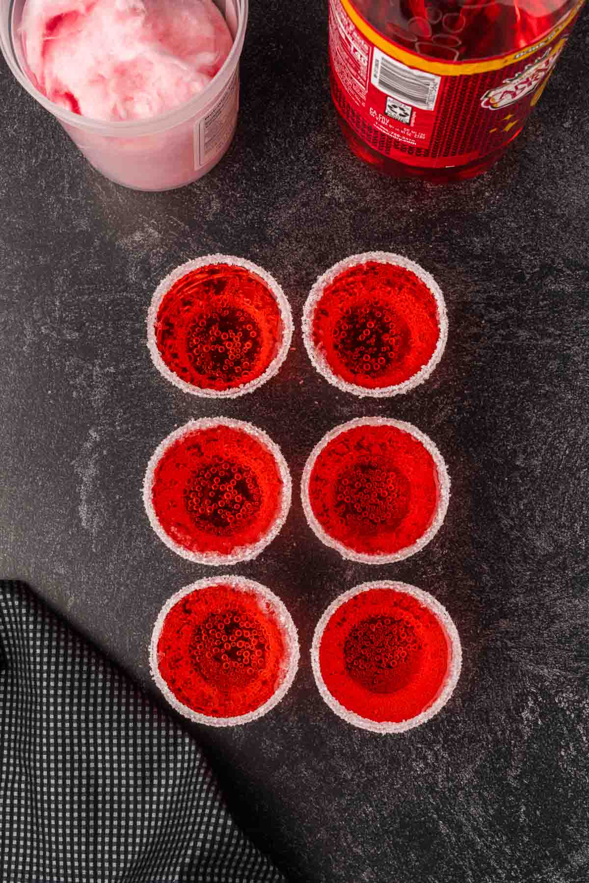 Cotton Candy drink in small cups with sugar rimmed