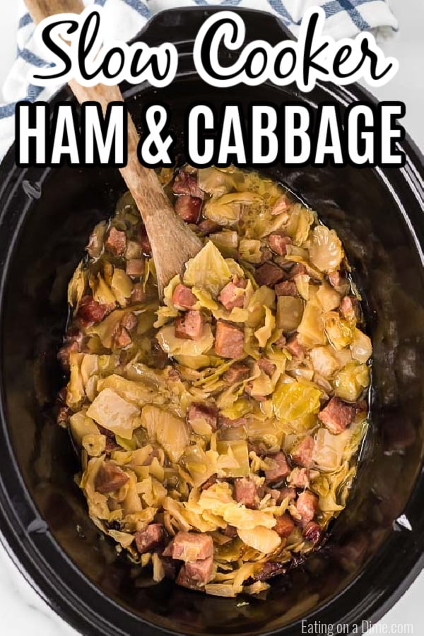 Crock pot ham and cabbage recipe is the best way to use leftover ham. The entire dish is slow cooked to perfection and packed with flavor. Make ham and cabbage for a budget friendly dinner. Slow Cooker ham and cabbage is so easy and delicious. #eatingonadime #crockpothamandcabbage #hamandcabbagerecipescrockpots #hamandcabbagecrockpot