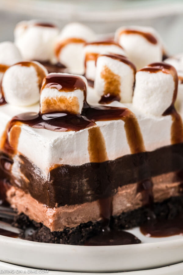 Close up image of Chocolate Lasagna slice on a plate