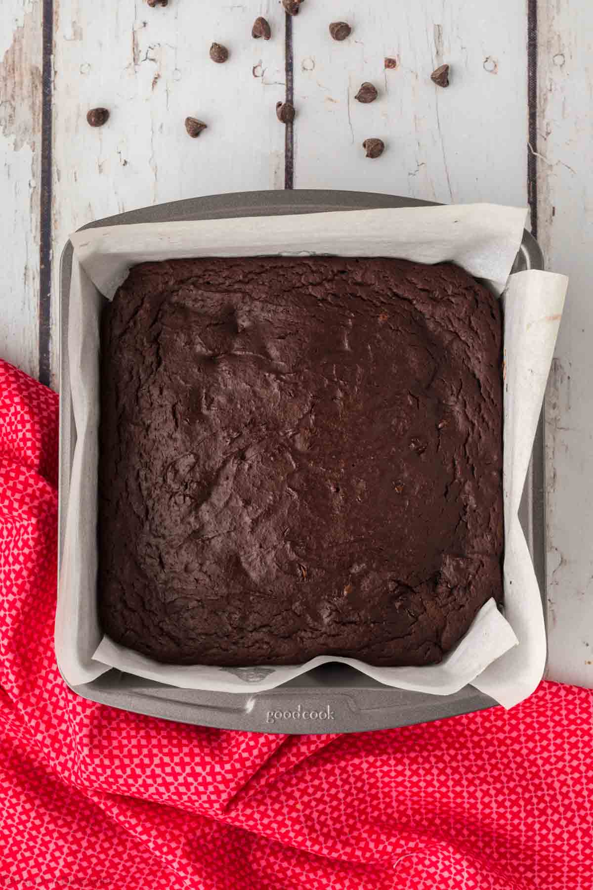 Baked brownie in the baking dish