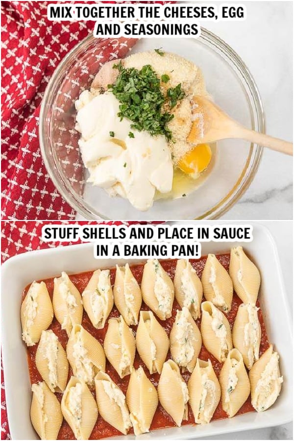 2 photos - the 1st one showing the cheese, egg and seasonings being mixed together.  The 2nd photos shows the shells stuffed with the cheese mixture in the 9X13 baking pan.  