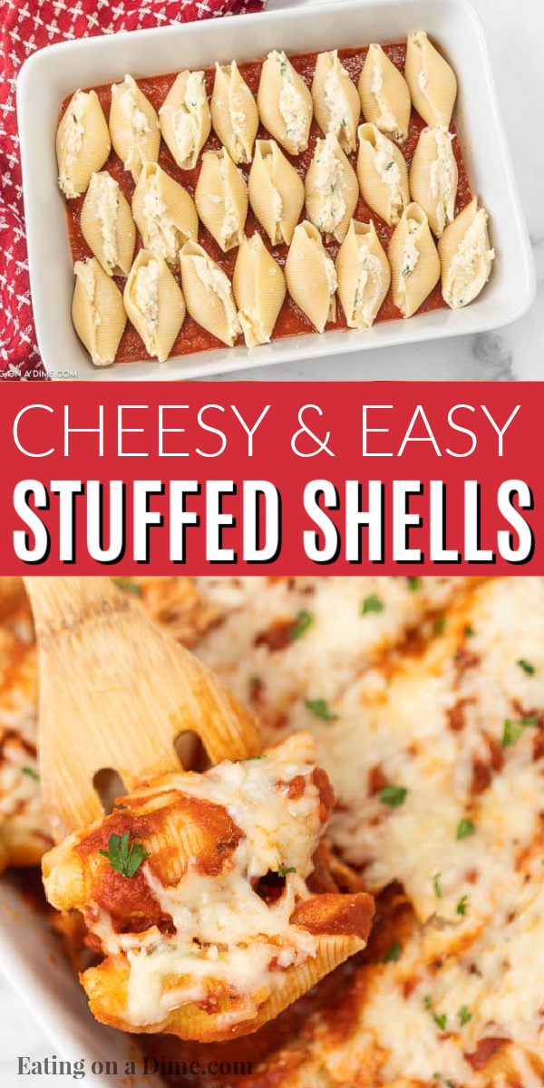 Enjoy this classic stuffed shells recipe with just a little prep work and the results are delicious. There is so much cheesy goodness and the recipe is easy. Learn how to make homemade baked stuffed shells with the best ricotta cheese mixture. #eatingonadime #stuffedshells #RecipeRicotta #recipeeasy #Howlongto #stuffedshellsrecipe #jumbo #Italian #oven #baked #howto