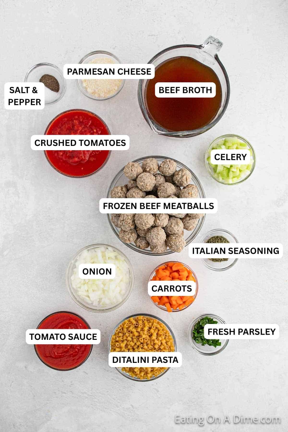 Ingredients for recipe: parsley, pasta, tomato sauce, carrots, onion, Italian Seasoning, meatballs, celery, crushed tomatoes, beef broth, Parmesan cheese, salt and pepper.
