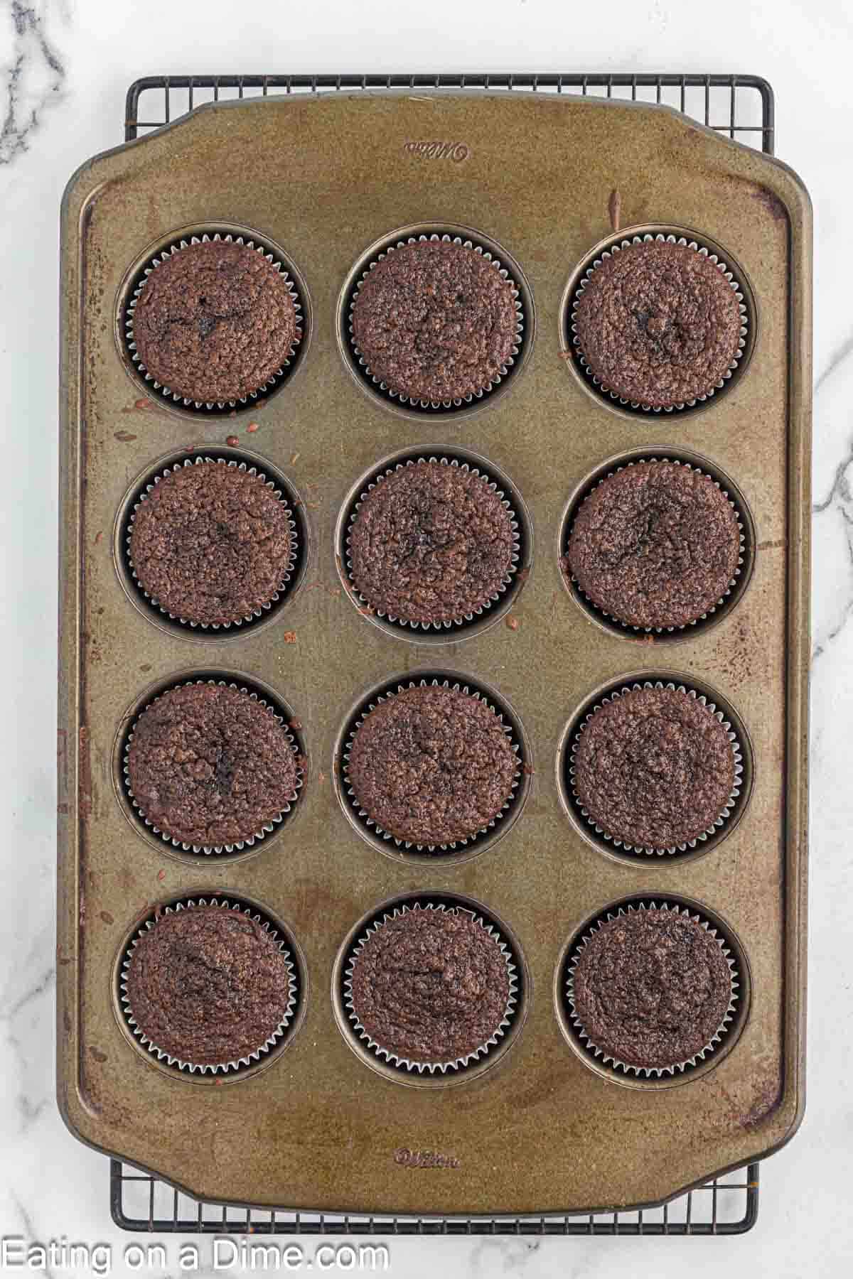 Baked chocolate cupcakes in a cupcake pan