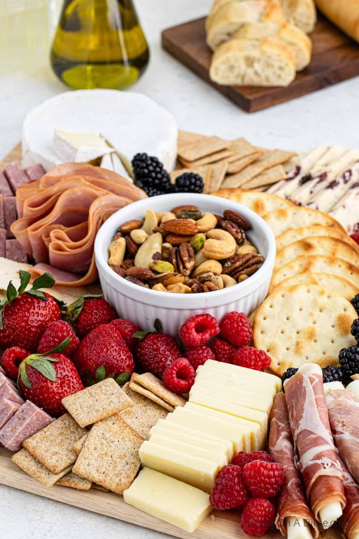 Charcuterie Board made with fruit, cheese, crackers and meats