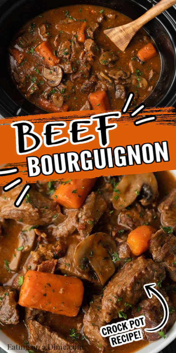 Learn how to make Julia Childs French Beef Bourguignon in a slow cooker. You will love this easy, classic Crock Pot Beef Bourguignon that is simple to make. Enjoy this classic recipe in less time by making Beef Bourguignon in the crock pot! #eatingonadime #crockpotrecipes #slowcookerrecipes 