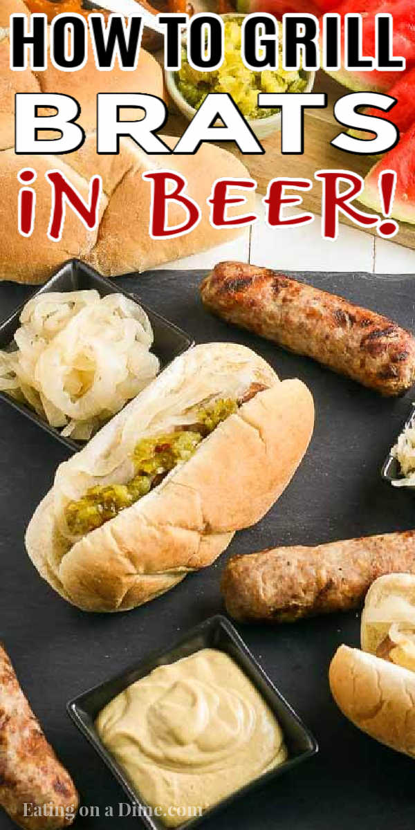 These are the best beer brats with onions! Learn how to grill brats in beer. It’s easier than you think. Grilled beer brats with onions are easy to make and delicious! Grilled brats and onions are great for your next party or barbecue! #eatingonadime #grillingrecipes #bratrecipes #beerbrats