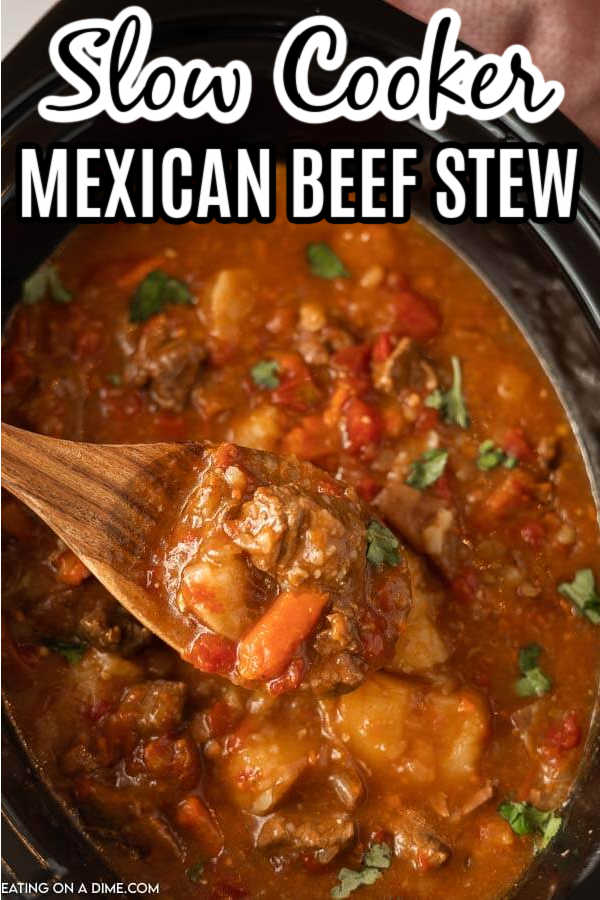 If you are looking for a new stew recipe, this delicious Crock Pot Mexican Beef Stew is the one to try. The tender beef and flavor packed broth taste amazing and even the kids will ask for more veggies! Slow Cooker Mexican Beef Stew is easy to make in the crockpot. #eatingonadime #crockpotmexicanbeefstew #mexicanbeefstewcrockpot