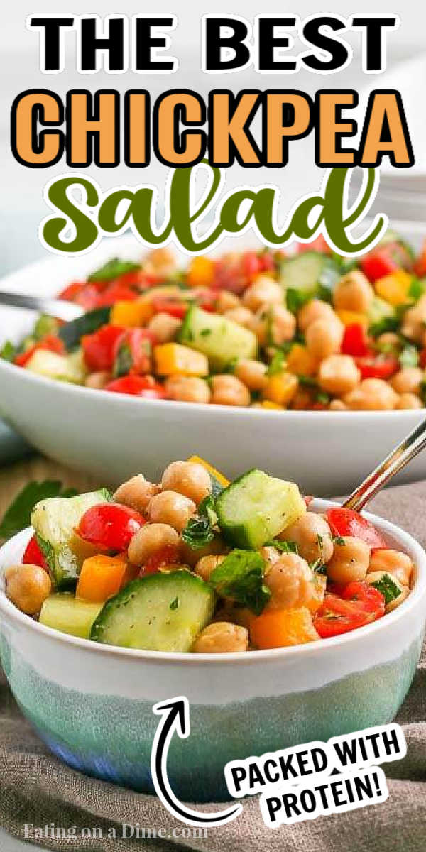 Chick pea salad is bursting with so many fresh ingredients and an easy lemon dressing. Try this for a quick protein packed lunch or dinner. The cucumber tomato combination is delicious with chick peas and the dressing is so simple. #eatingonadime #chickpeasalad #healthy #recipes #MiddleEastern #mealprep #best #cold 