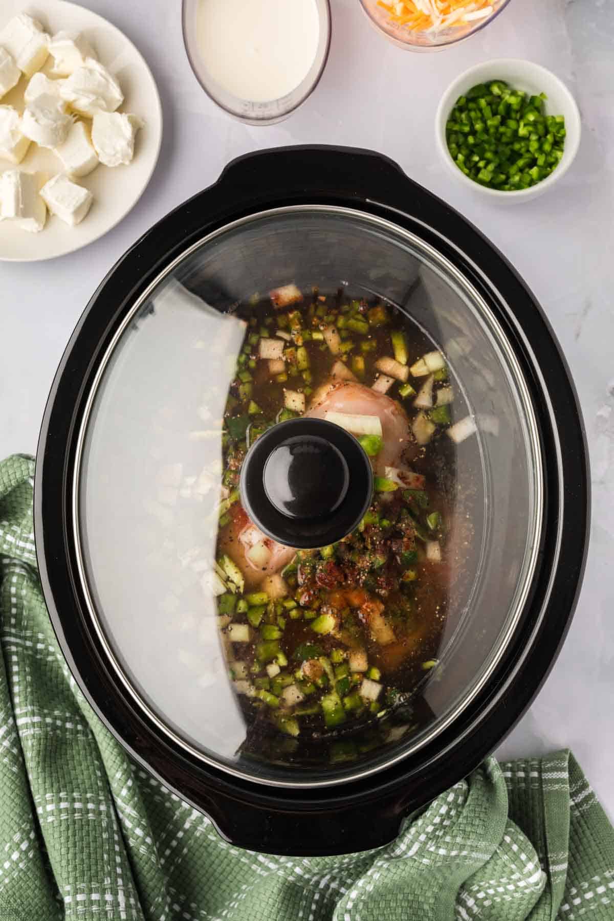 Slow Cooker covered with a lid with the chicken, broth and vegetables in the slow cooker