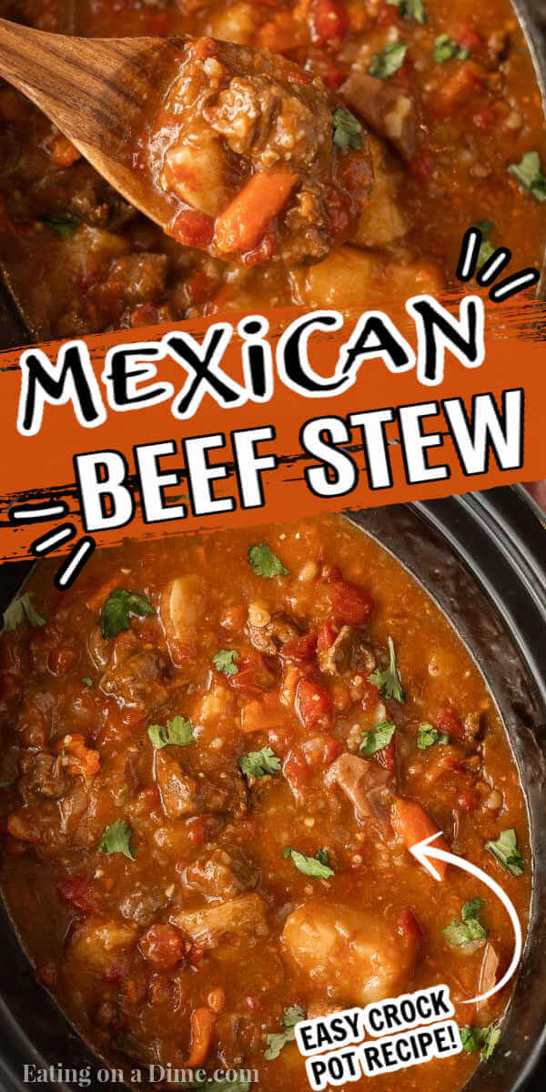 If you are looking for a new stew recipe, this delicious Crock Pot Mexican Beef Stew is the one to try. The tender beef and flavor packed broth taste amazing and even the kids will ask for more veggies! Slow Cooker Mexican Beef Stew is easy to make in the crockpot. #eatingonadime #crockpotmexicanbeefstew #mexicanbeefstewcrockpot